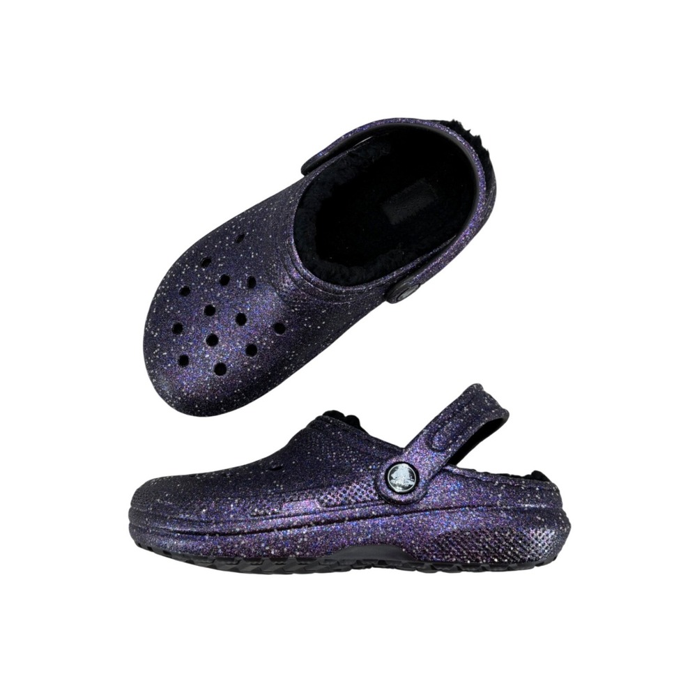Crocs Classic Lined Glitter Clog Dark Purple Black Sparkle Slip On Kids Size J3